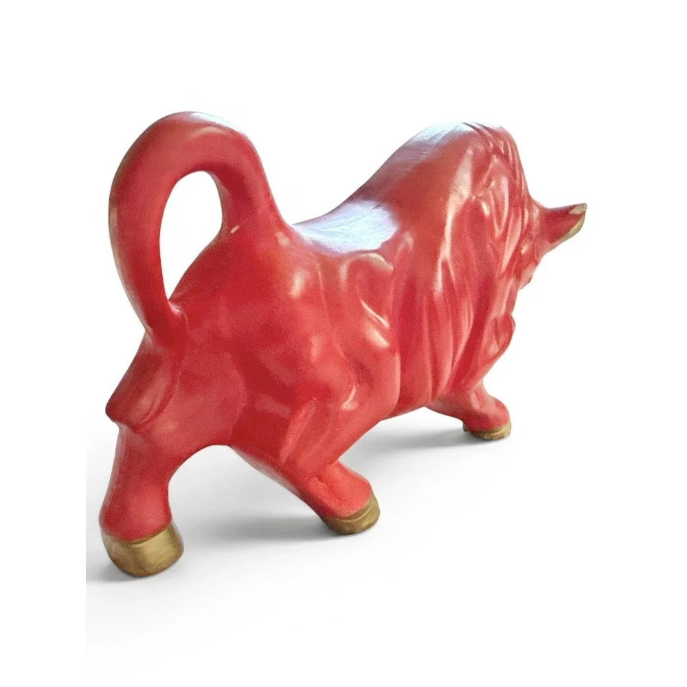 Vintage 1960s Red Ceramic Bull Figurine Mid Century Modern Gold Accents